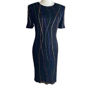 Vintage 80s 100% Silk Hand Beaded Cocktail Dress Short Sleeve Rainbow